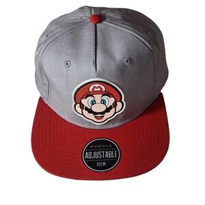 Nintendo Super Mario Bioworld Snapback Hat Grey Red Flat Brim Adjustable OSFM